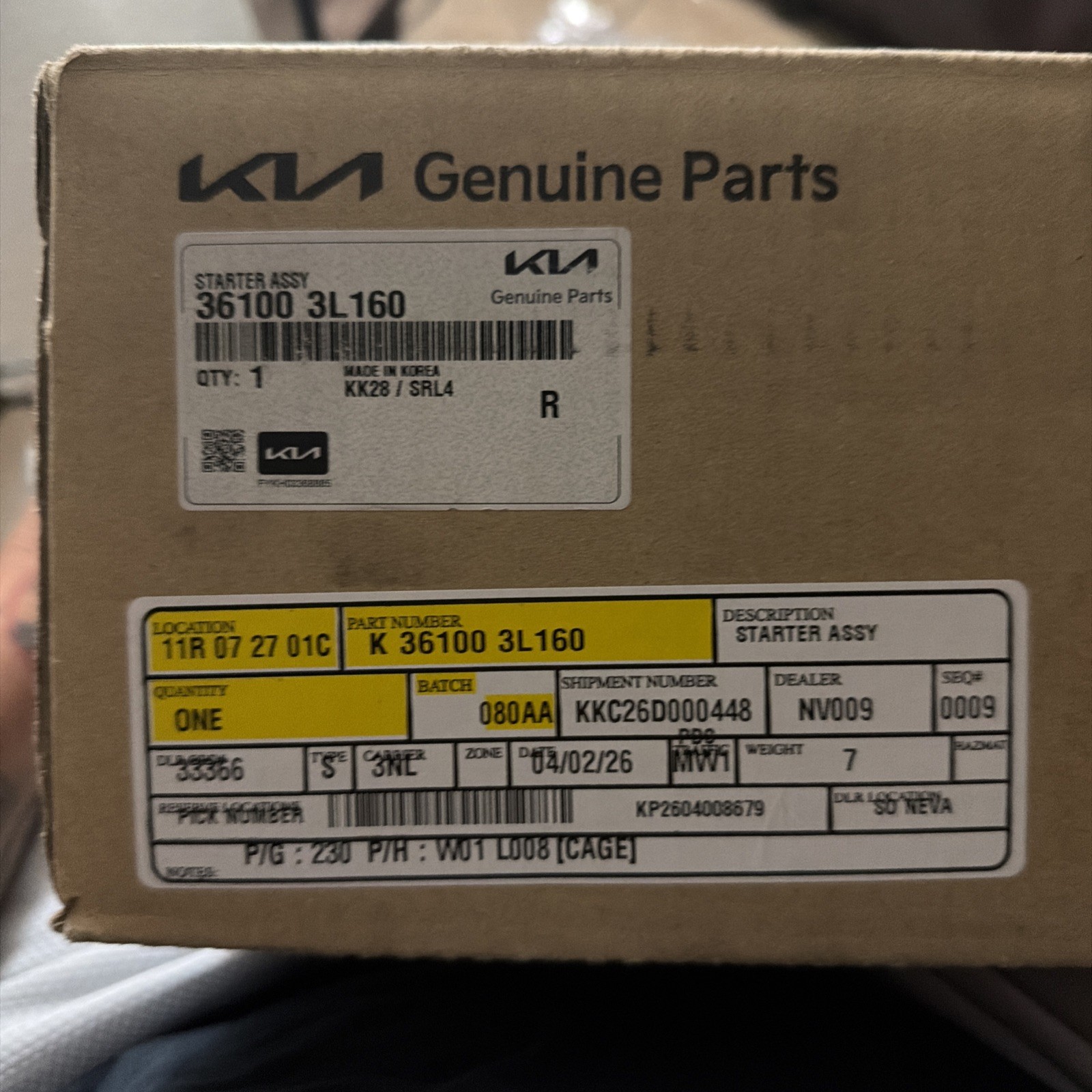 Kia Telluride Front Engine Starter Motor Assembly OEM 361003L160 2020-2024