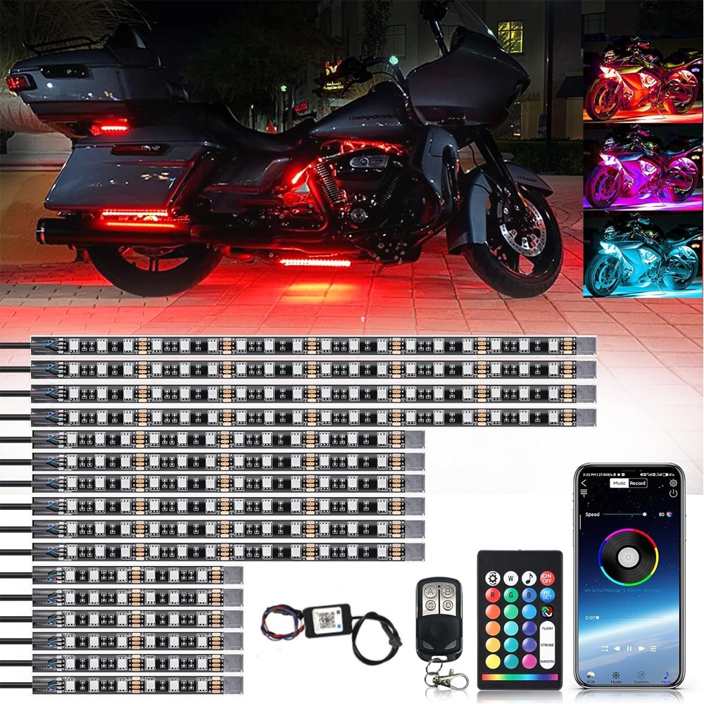 16PCS Motorcycle RGB LED Strip Light Under Glow Neon Kit Bluetooth APP Control