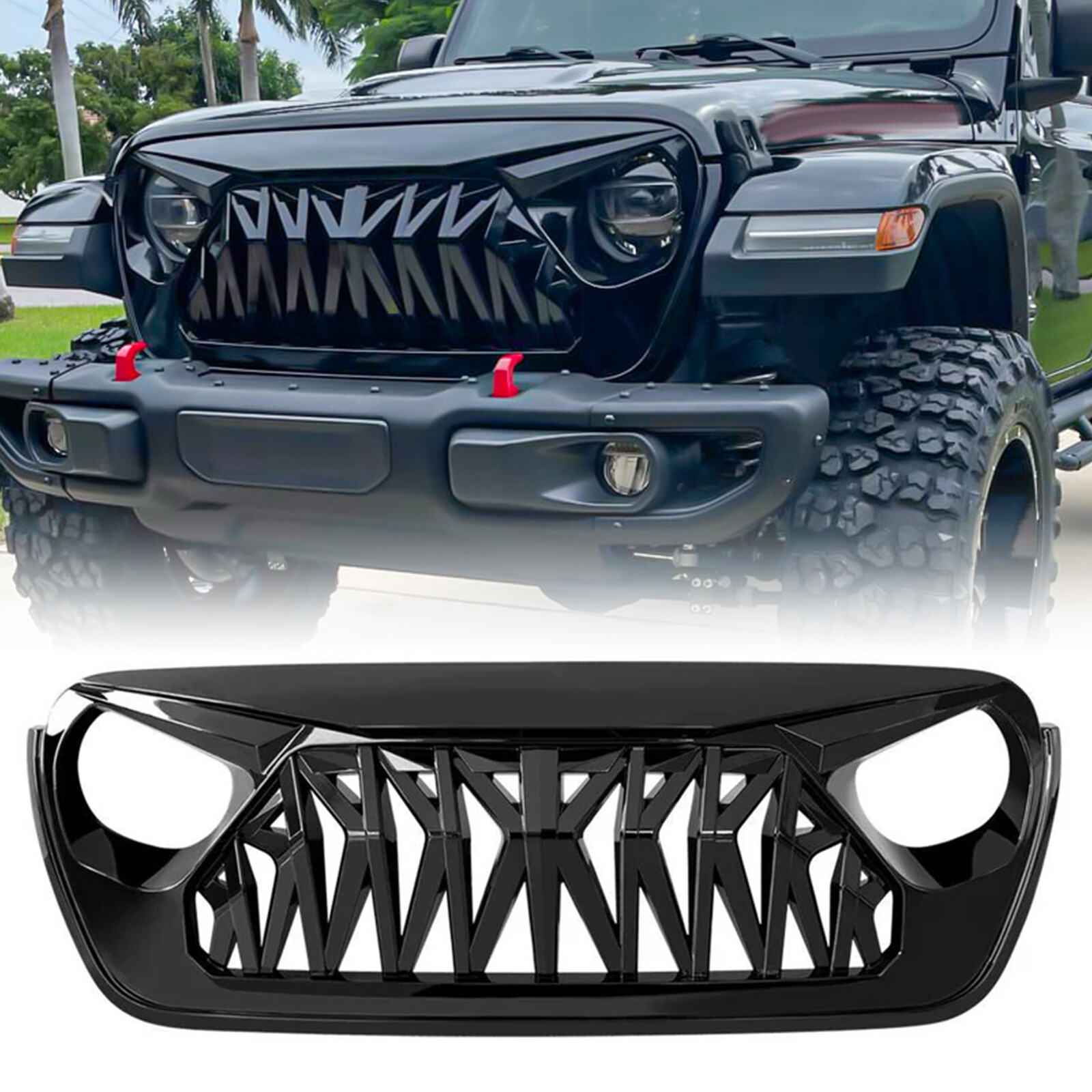 For 18-24 Jeep Wrangler JL Gladiator JT Front Shark Bumper Grille Glossy Black For 18-24 Jeep Wrangler JL Gladiator JT Front Shark Bumper Grille Glossy Black