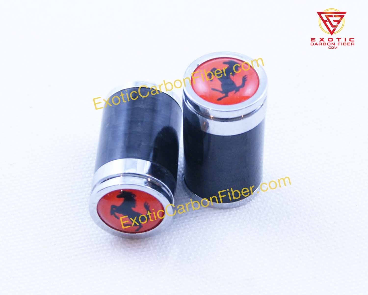 Ferrari Black Cavallino / Horse Carbon Fiber Tire Valve / Stem Caps - Red Bkgrd