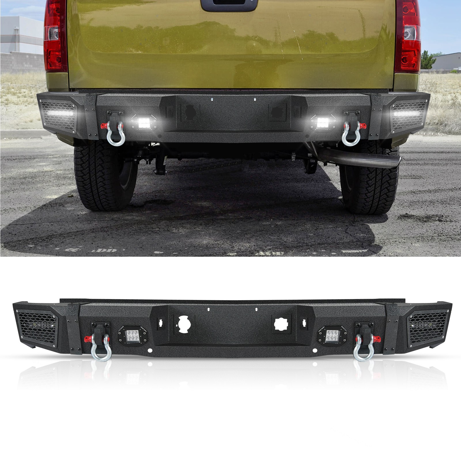 Rear Step Bumper Fits 07-13 Chevy Silverado 1500 GMC Sierra W/ LED Light&D-Rings