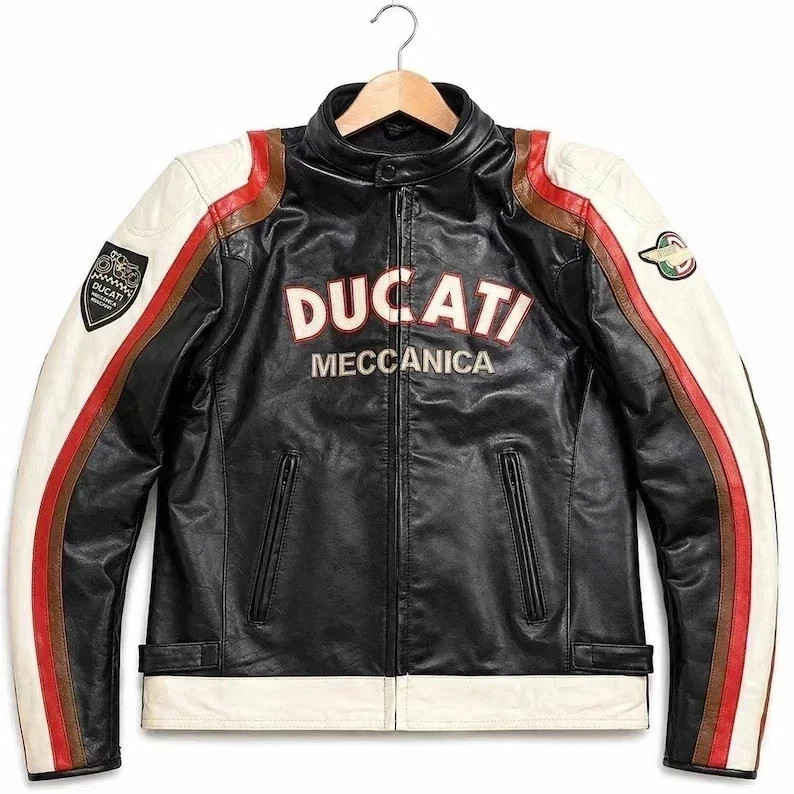 Ducati Meccanica Leather Jacket Men Motorcycle Biker Racing Retro Vintage Jacket