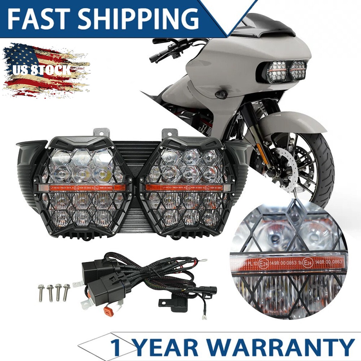 Dual LED 240W Pro Headlight Amber DRL Kit For 2015-2022 2023 Harley Road Glide