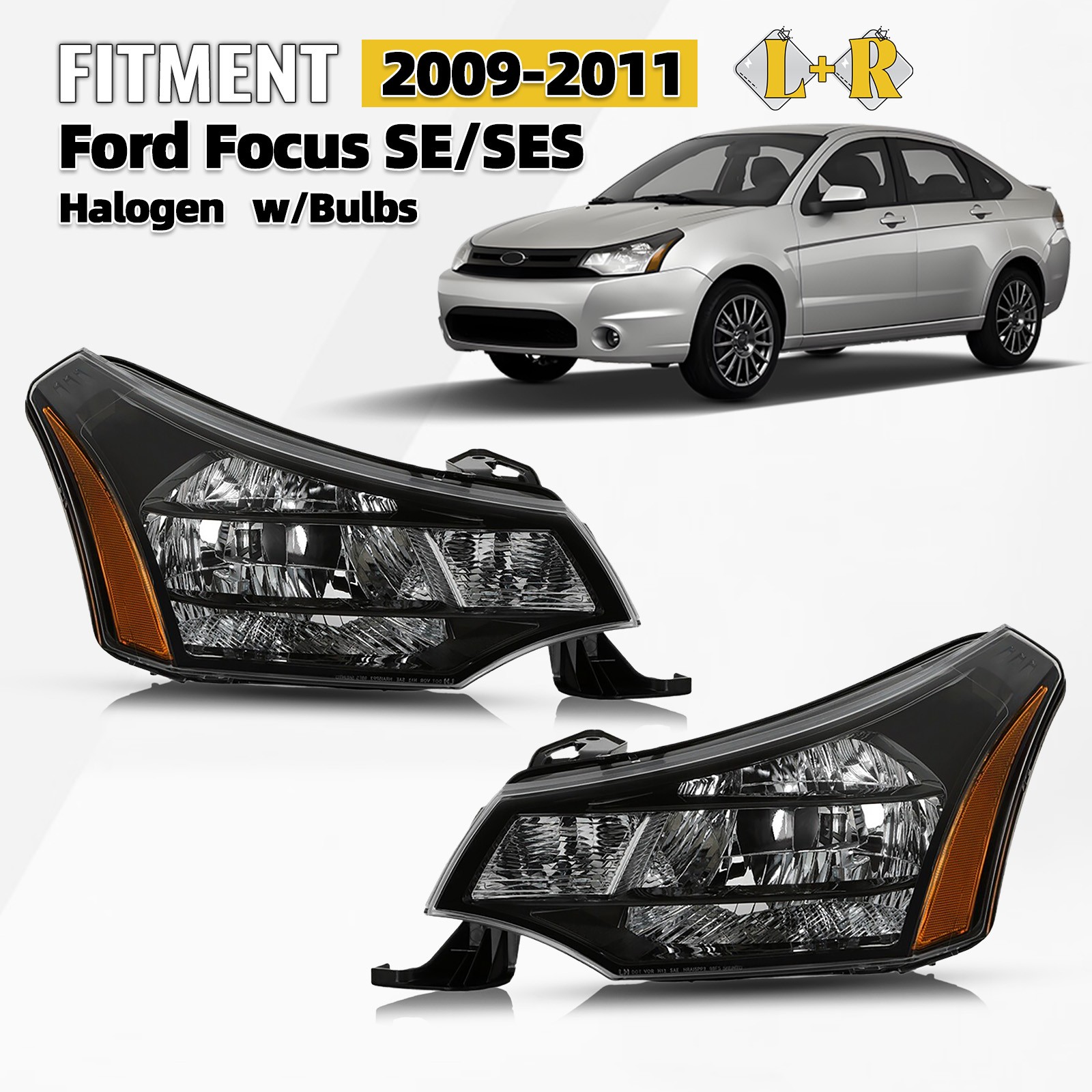 Halogen Headlight For 2009-2011 Ford Focus w/ Bulb Black Crystal Pair Left+Right