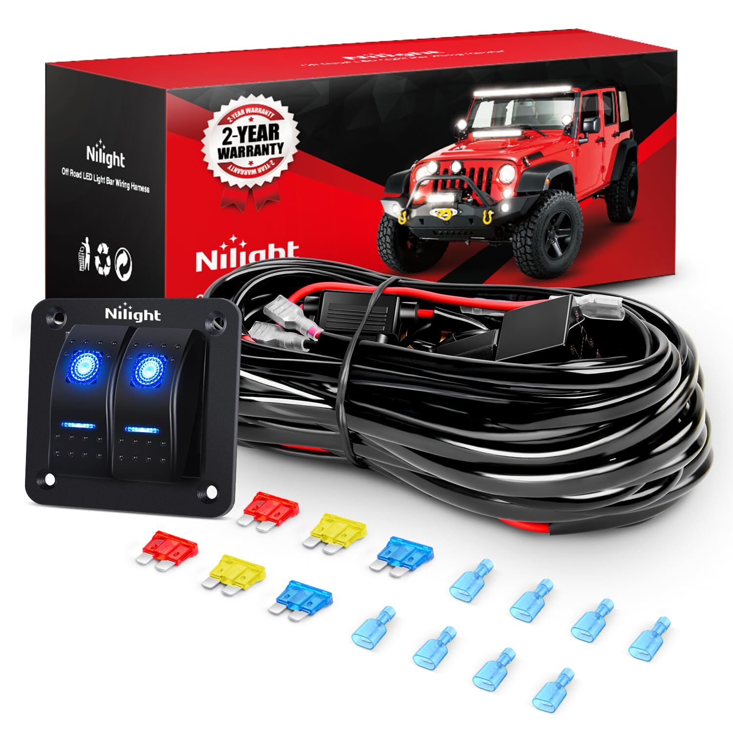 Nilight 16AWG LED Light Bar Wiring Harness Kit 12V On/Off 3 Gang LED