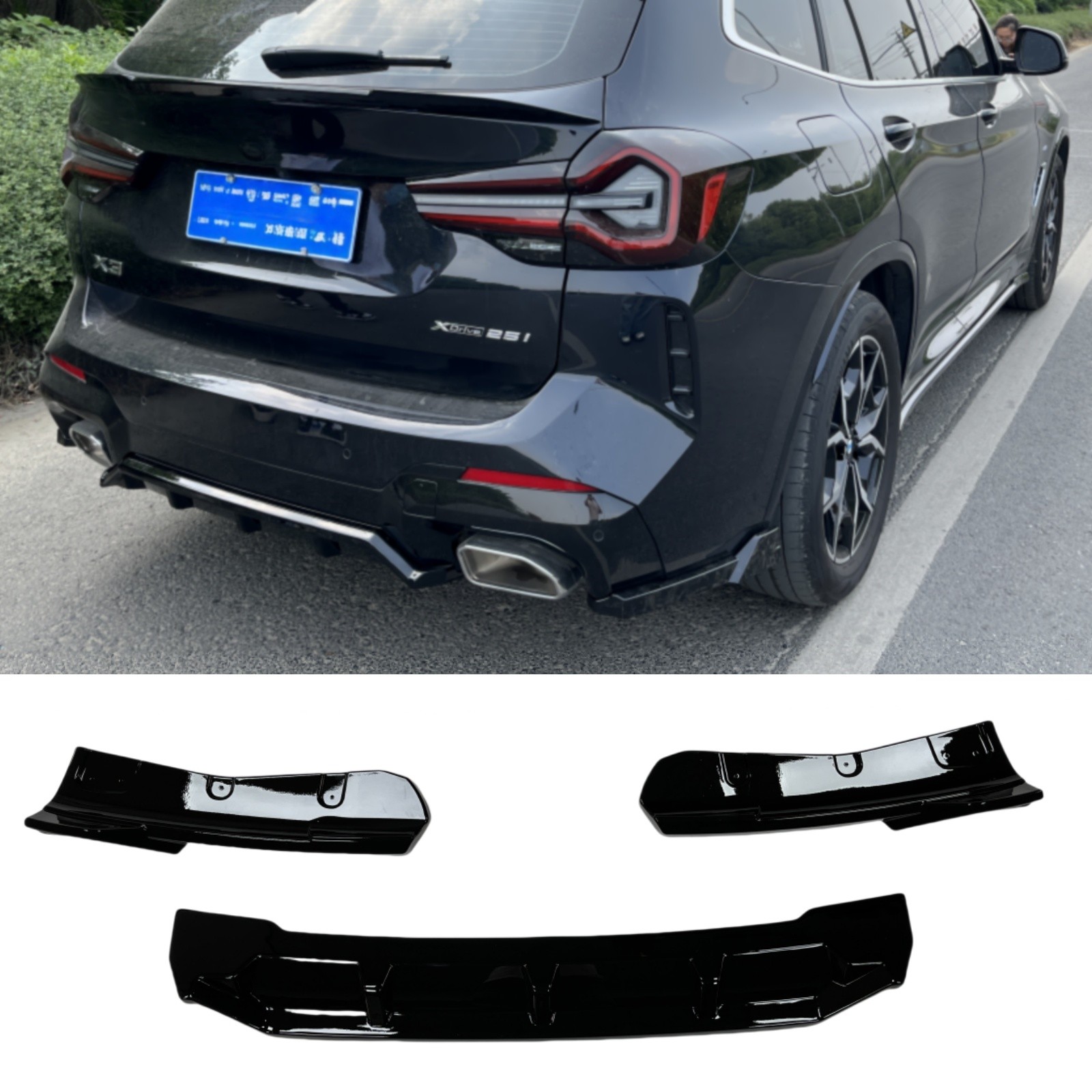 For BMW X3 G01 M Sport 2022-2024 Gloss Black Rear Lip+Rear Side Splitter