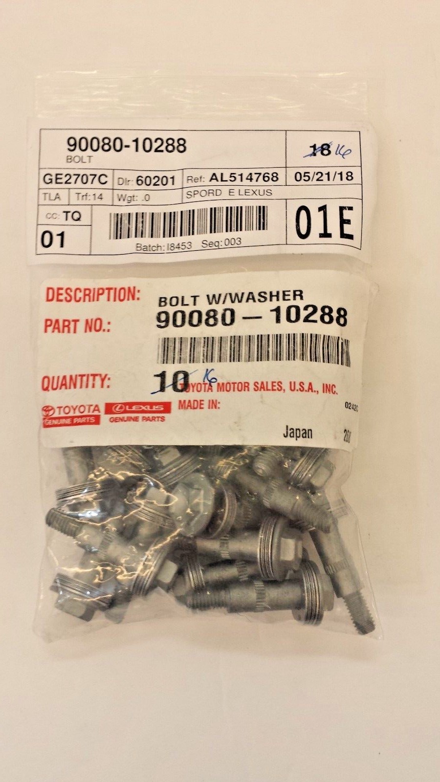 LEXUS / TOYOTA BOLT 90080-10288 (QTY 18)