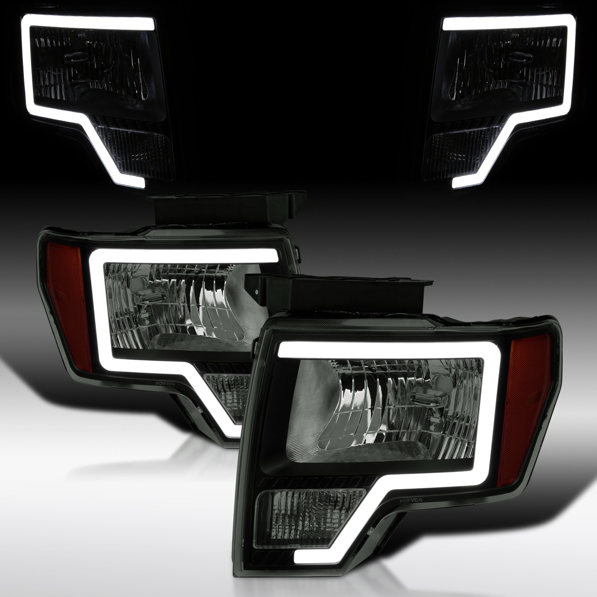 Black Smoke Headlights Fit 2009-2014 Ford F-150 LED Tube Head Lamps Pair 09-14