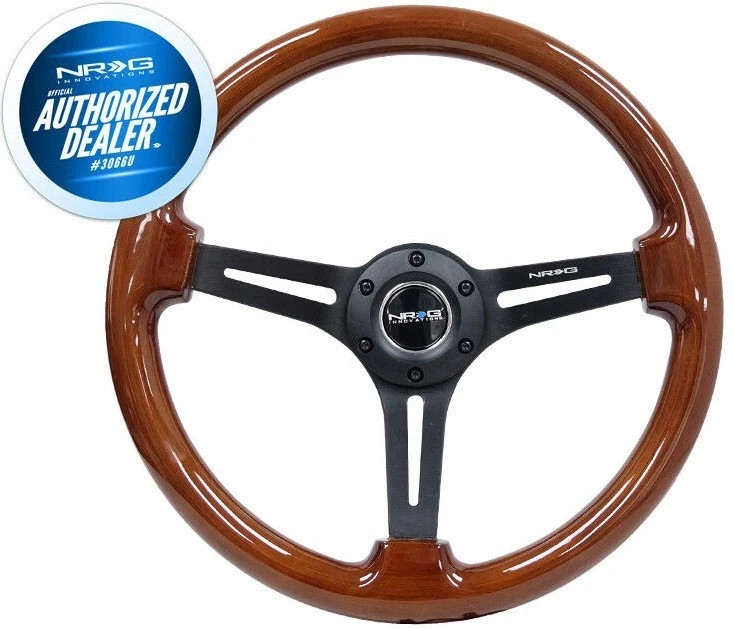 NEW NRG Steering Wheel Brown Wood Grain Black Spokes 350mm 3