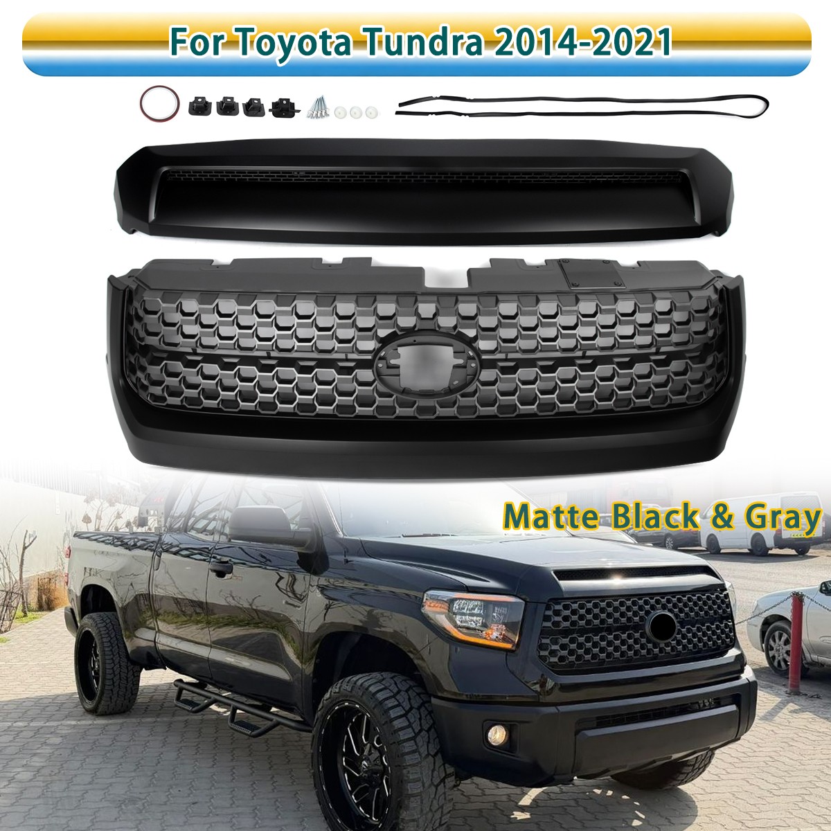 For Toyota Tundra 14-21 Front Grille TRD Style & Hood Bulge Molding Matte Black