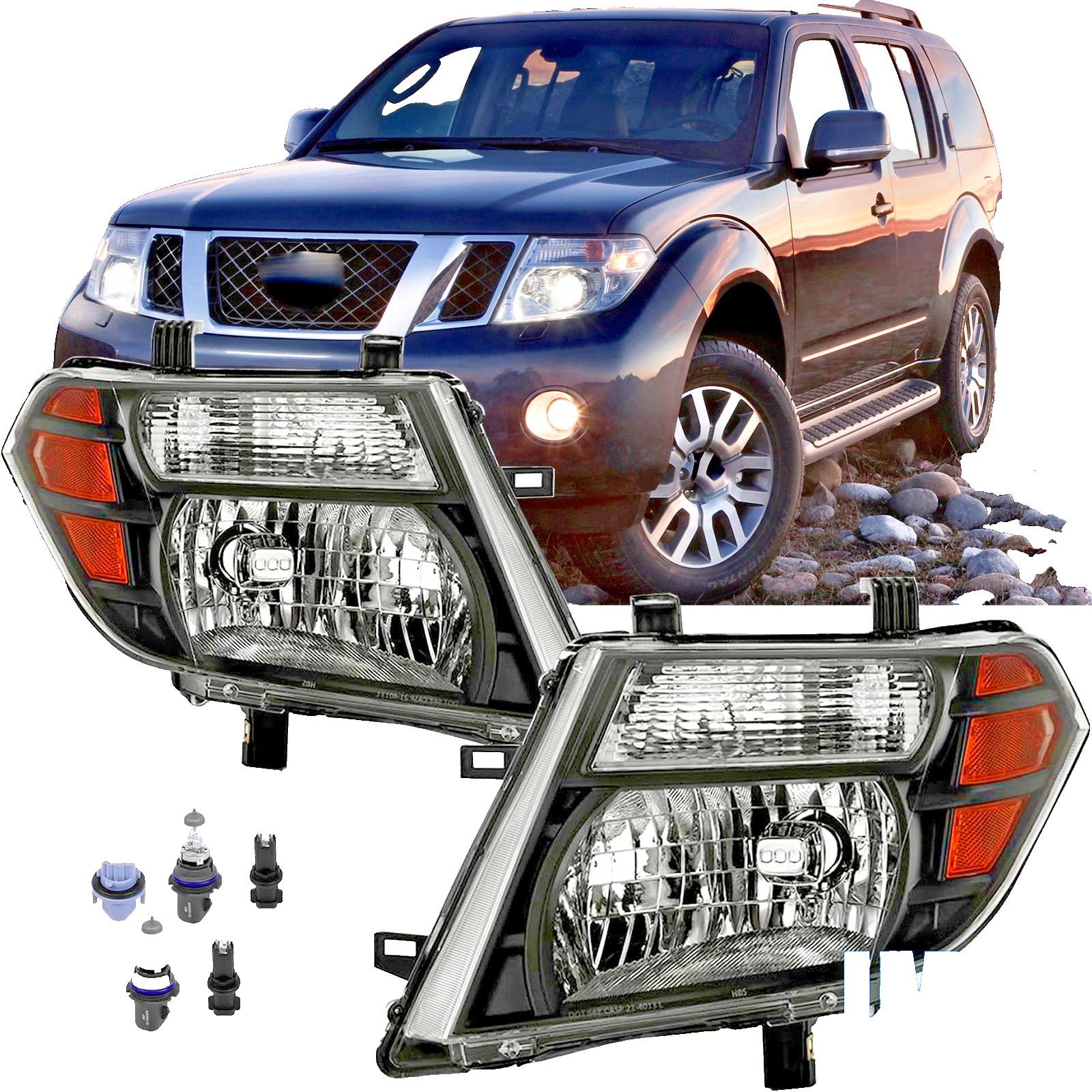 2 PCS Black Housing Amber Concer Headlights Headlamps For Pathfinder 2008-2012