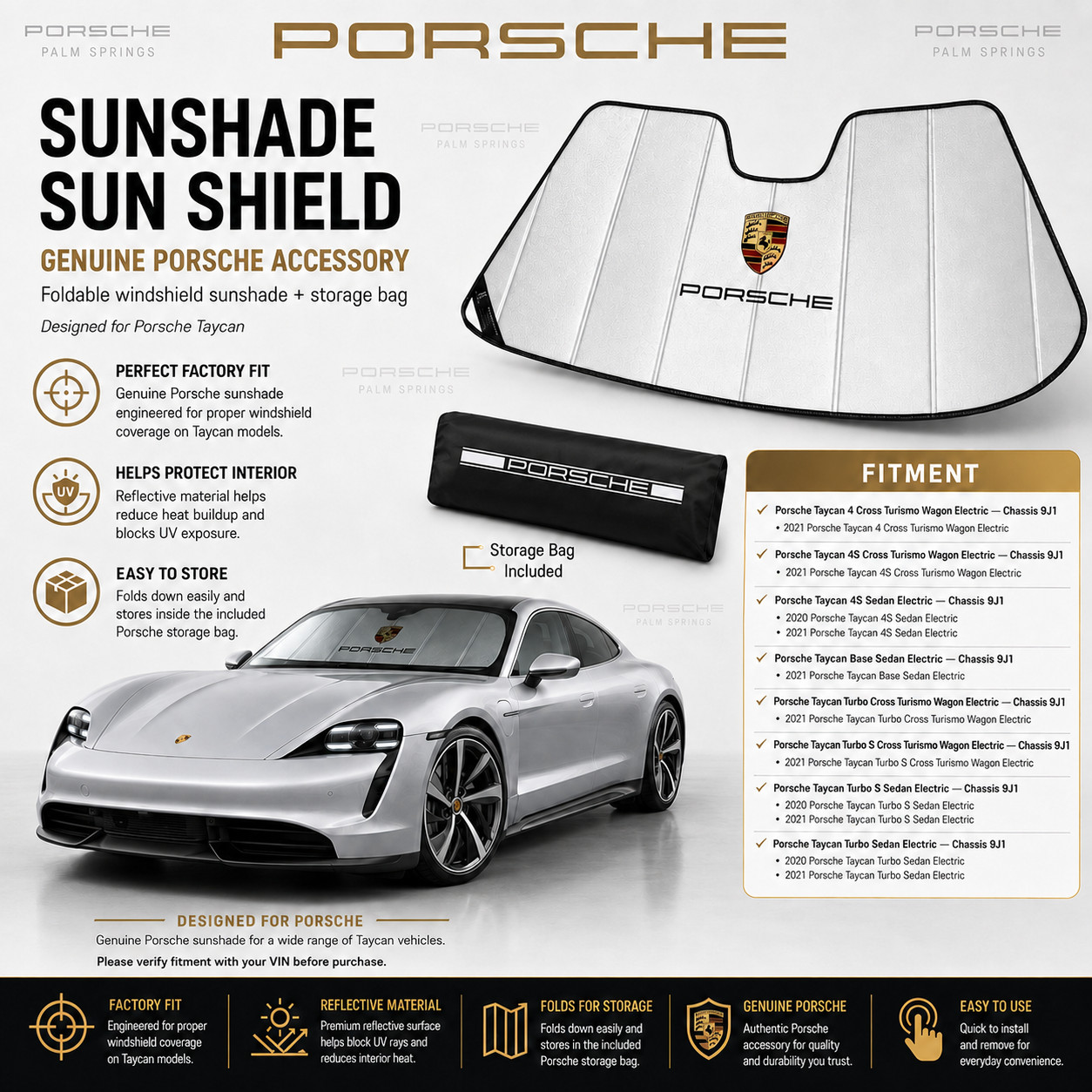 Genuine Porsche Taycan Windshield Sunshade Sun Shield w/ Bag PNA5059J1 OEM