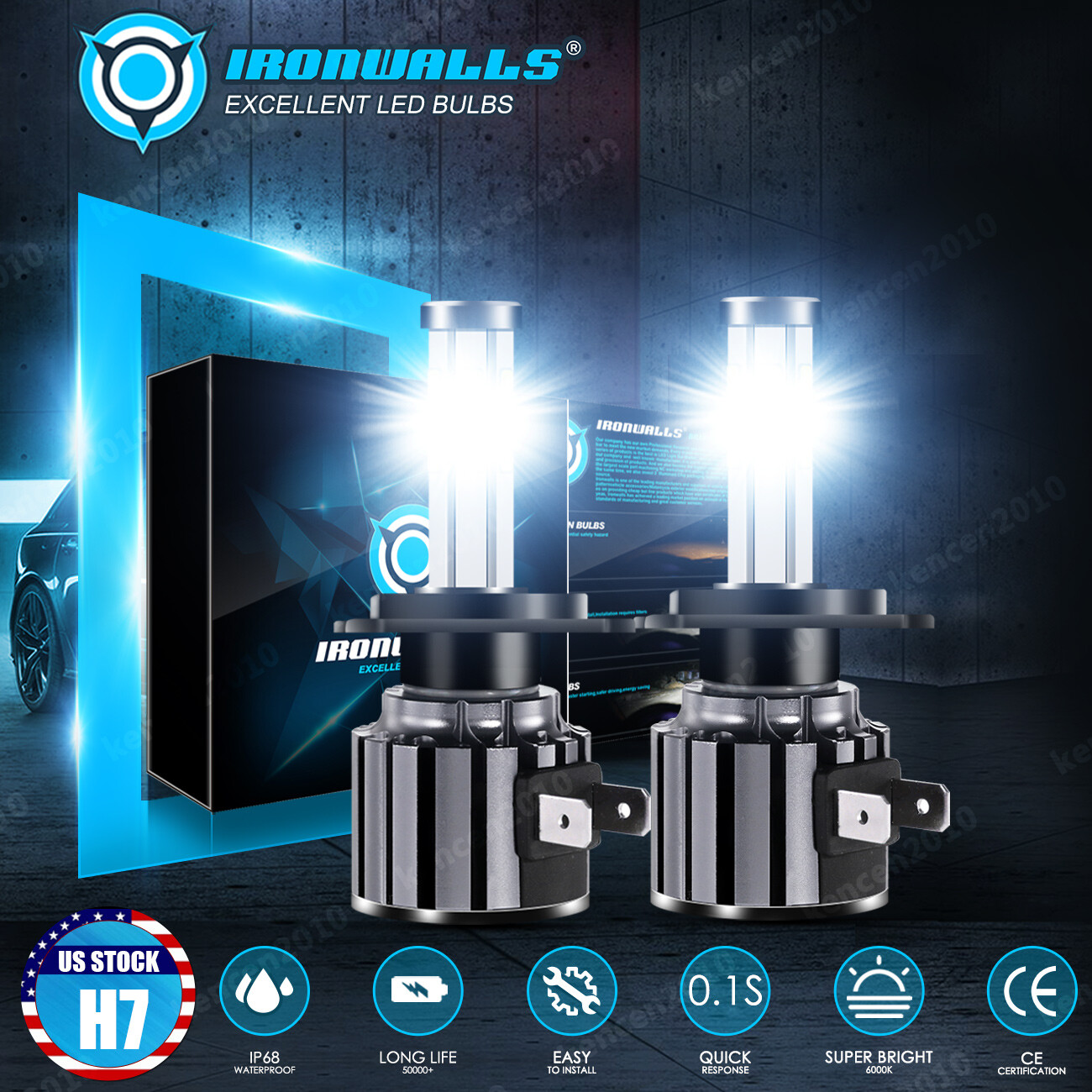 IRONWALLS 6side H7 LED Headlight Bulb Kit High Low Beam Super Bright 6500K White