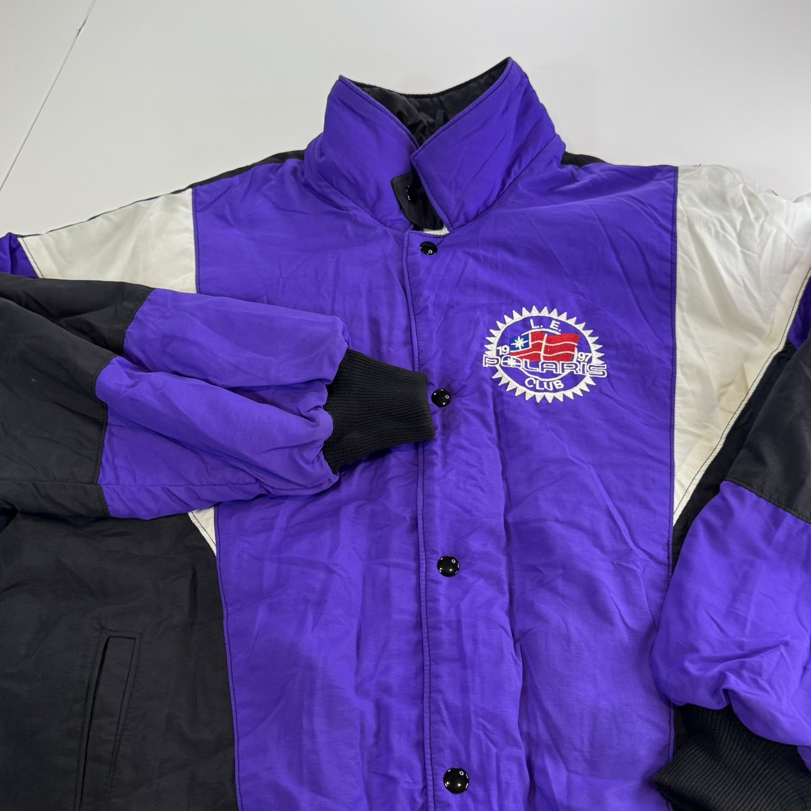 VTG Polaris L.E. Club Jacket Mens 2XL Color Block Purple Black White 1997 USA