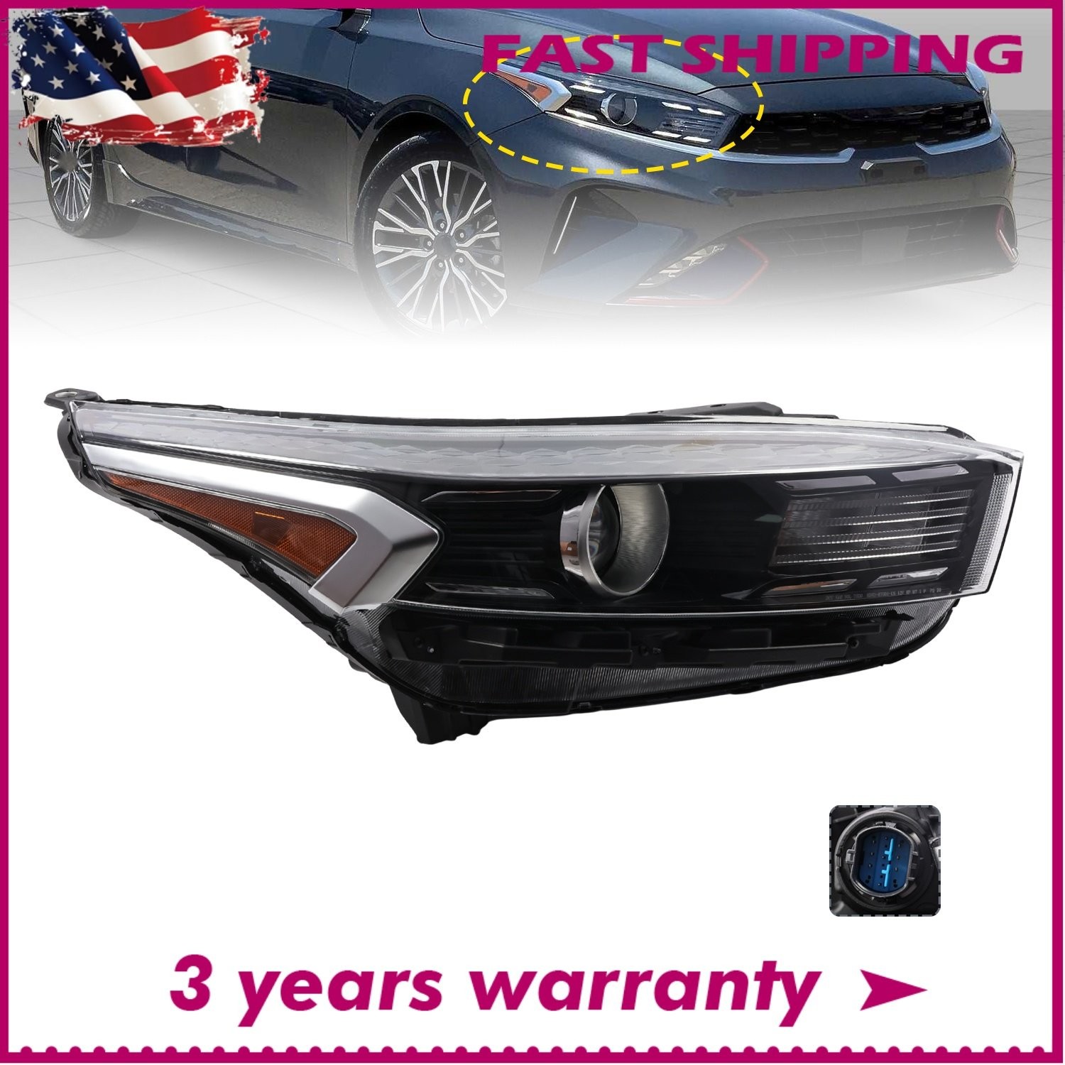 Right Passenger Side Halogen Headlight for Kia Forte 2022-2024 w/o LED DRL