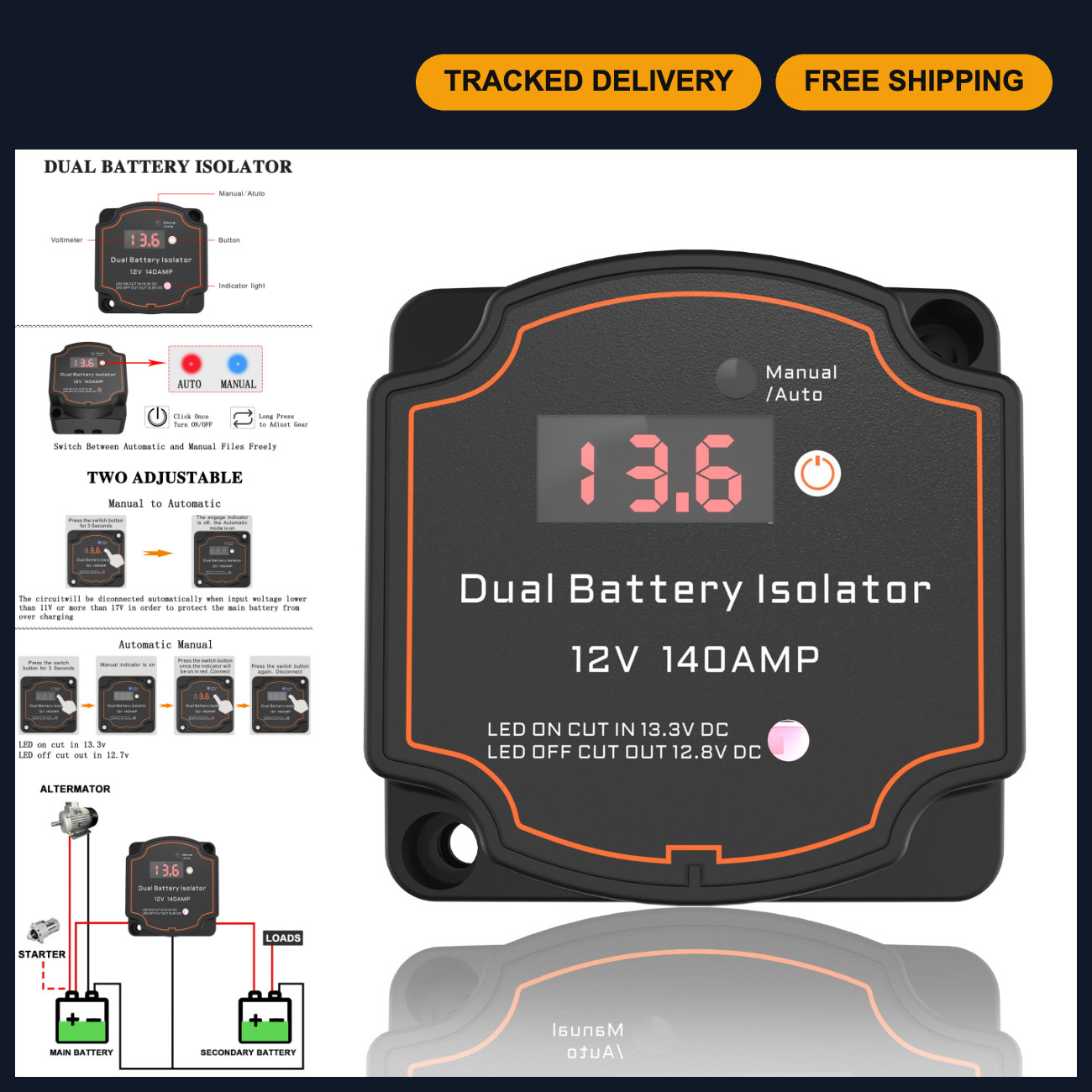 12V 140A Smart Dual Battery Isolator, Waterproof VSR with Digital Voltmeter for 12V 140A Smart Dual Battery Isolator, Waterproof VSR with Digital Voltmeter for