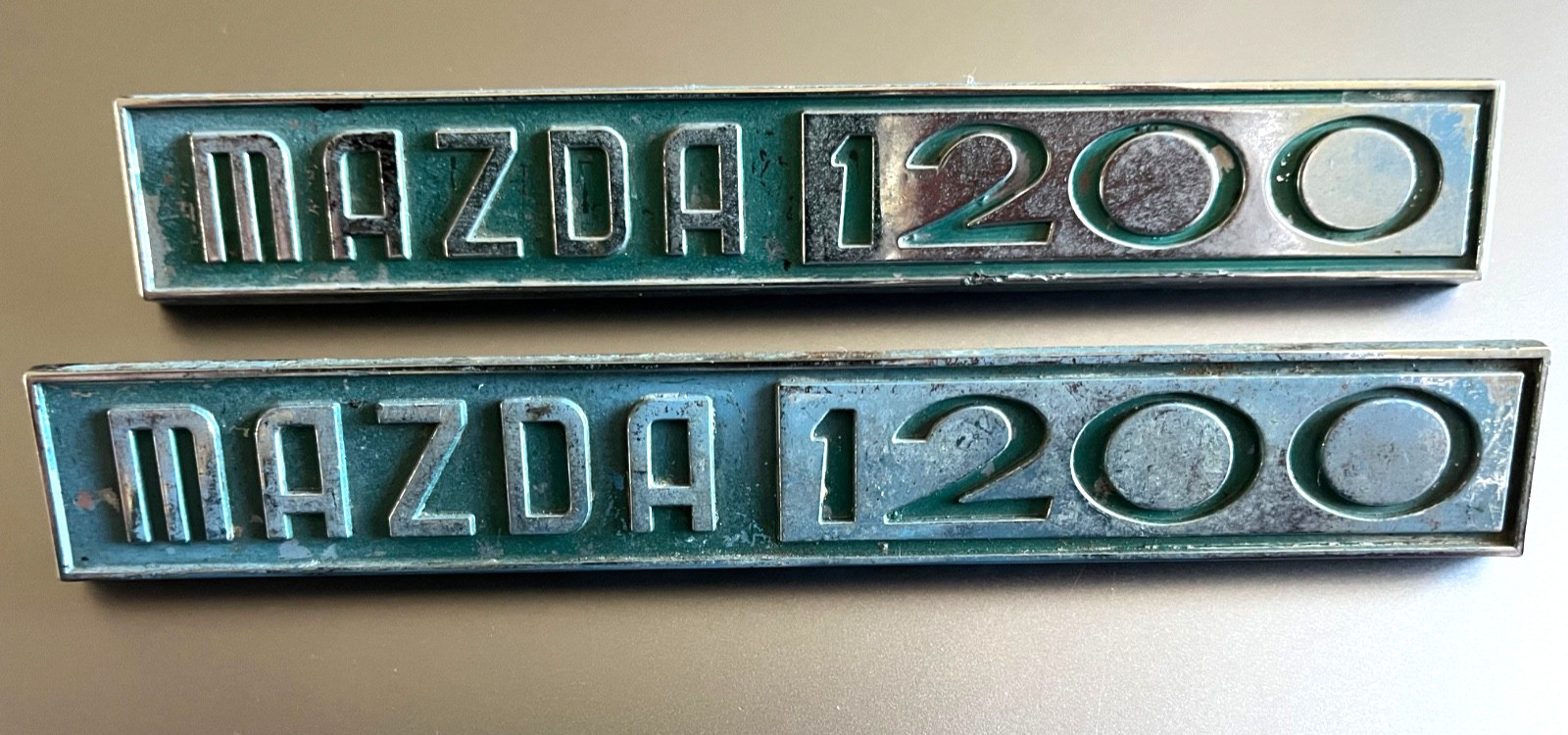 Vintage OEM Mazda 1200 Emblem Badge Metal - Genuine Japan Toyo Kogyo 2157 X2