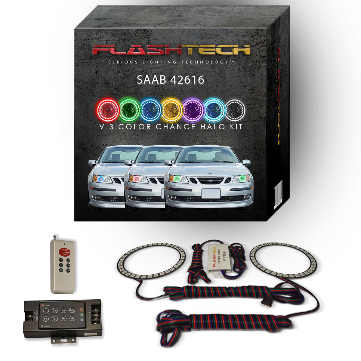 RGB Multi Color LED Halo kit with RF Remote for 03-07 Saab 9/3/2016 Headlights