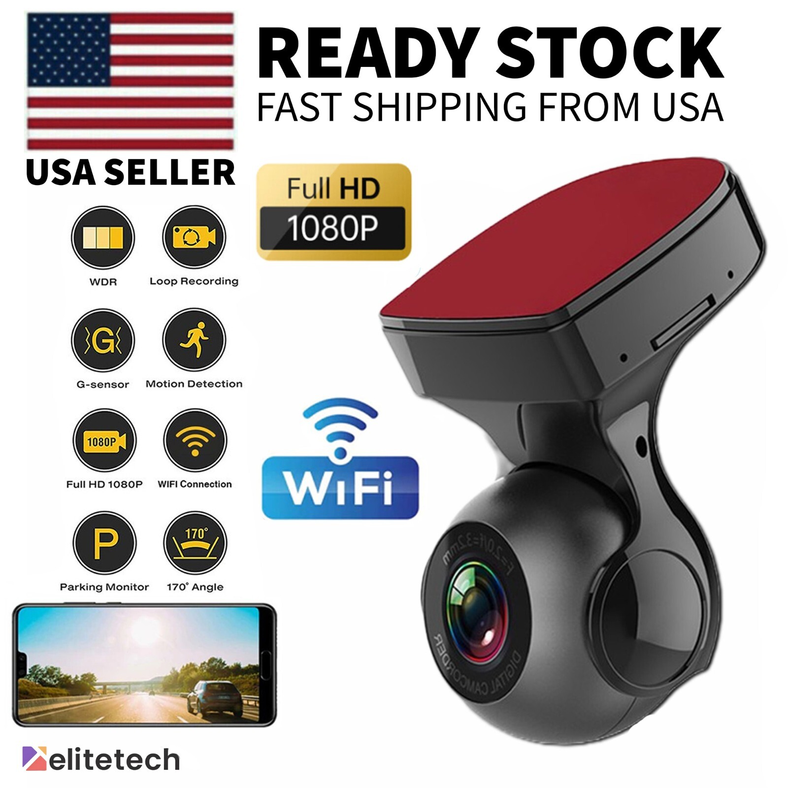 170° WiFi Dash Cam Recorder Car Camera HD 1080P Car DVR Vehicle Video G-Sensor