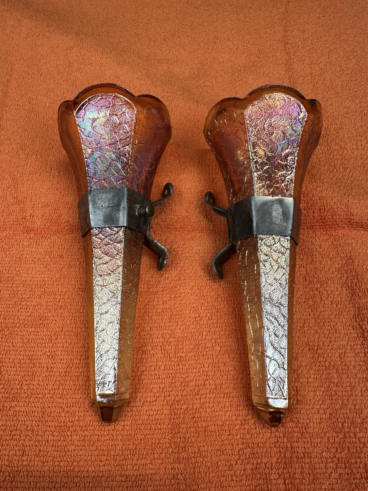EARLY PAIR Vintage MARIGOLD CARNIVAL GLASS Automobile BUD VASE Auto Accessory
