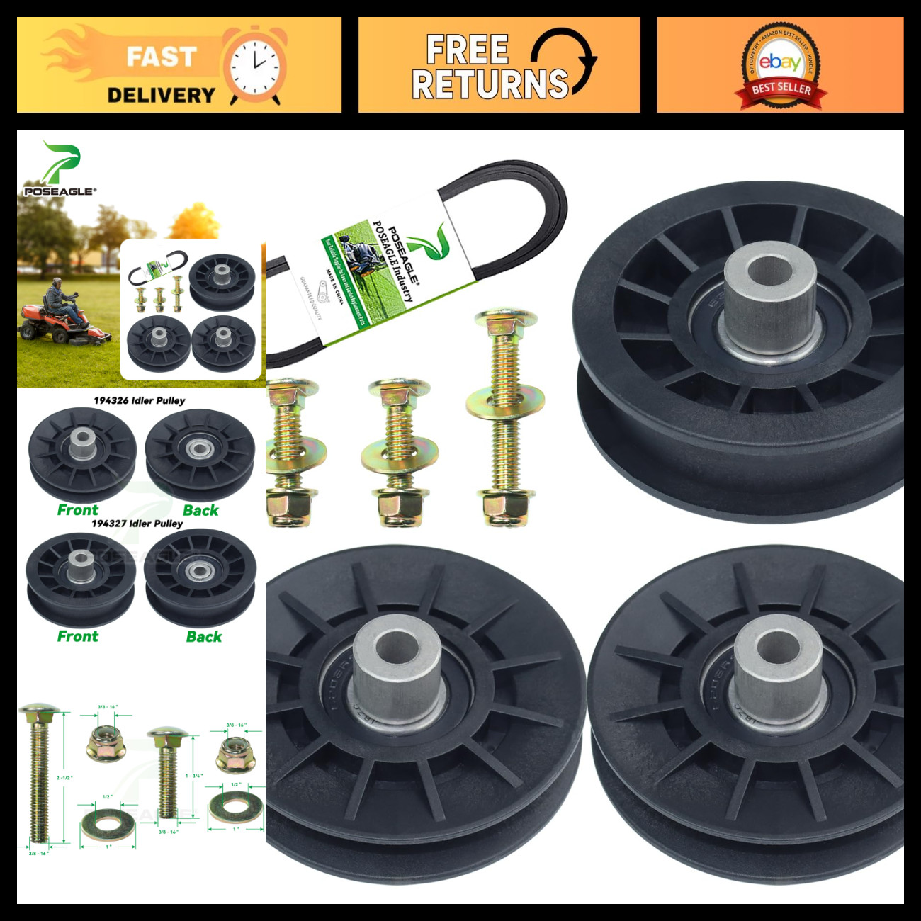 2PK Idler Pulley & Drive Belt Set for Lawn Mower, Compatible with 532194326/327 2PK Idler Pulley & Drive Belt Set for Lawn Mower, Compatible with 532194326/327