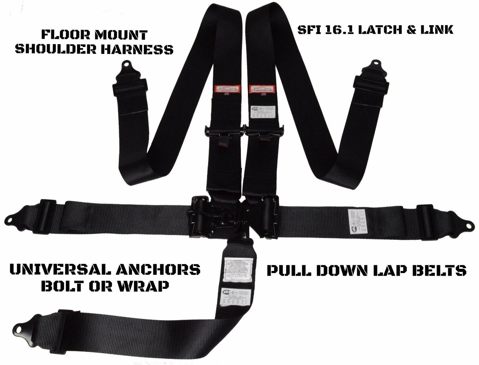 COBRA LATCH & LINK 5 POINT SEAT BELT FLOOR MOUNT RACING HARNESS  ALL BLACK