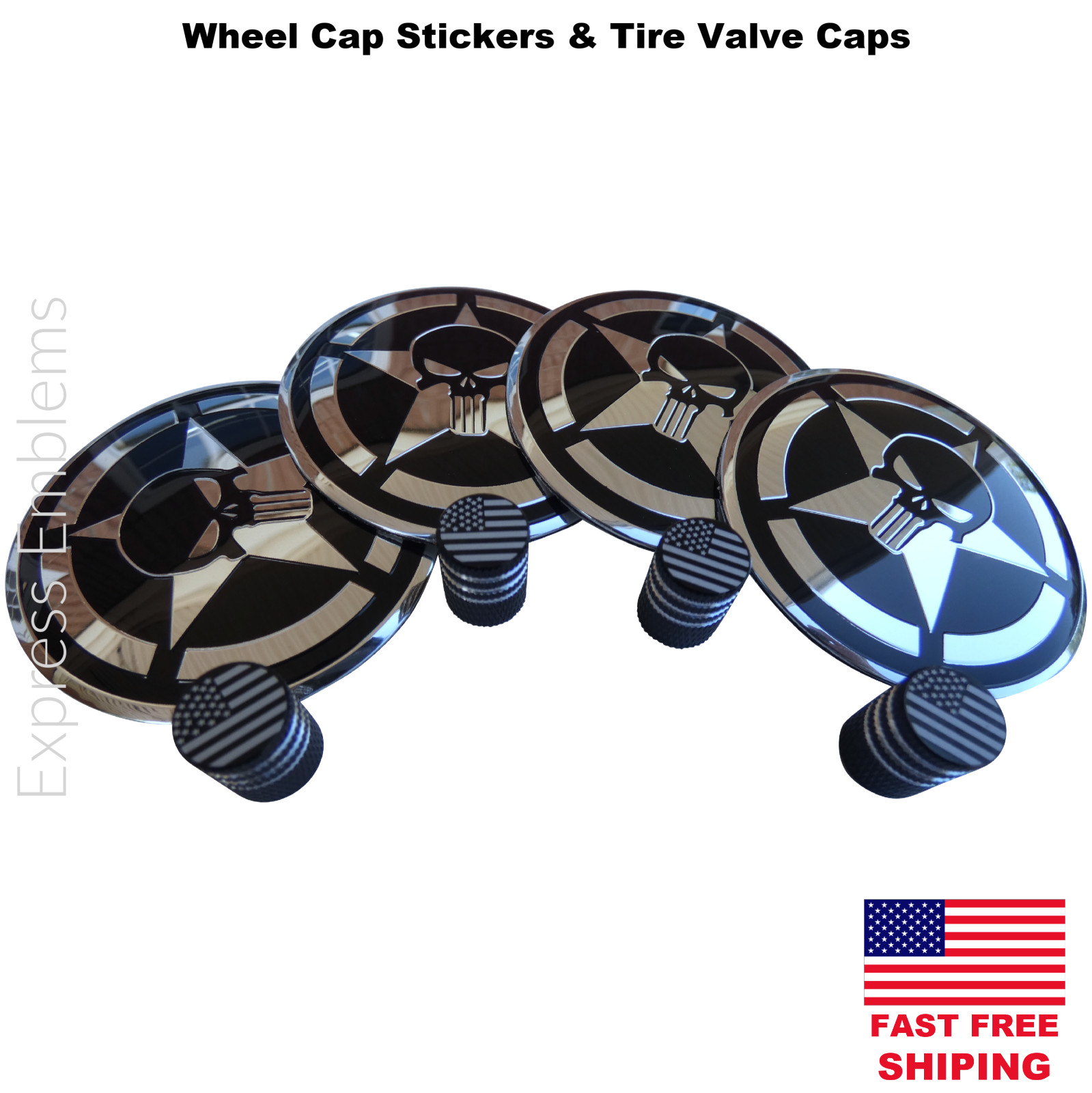 4x Punisher Star Wheel Cap Hub Sticker Decals (2.20\