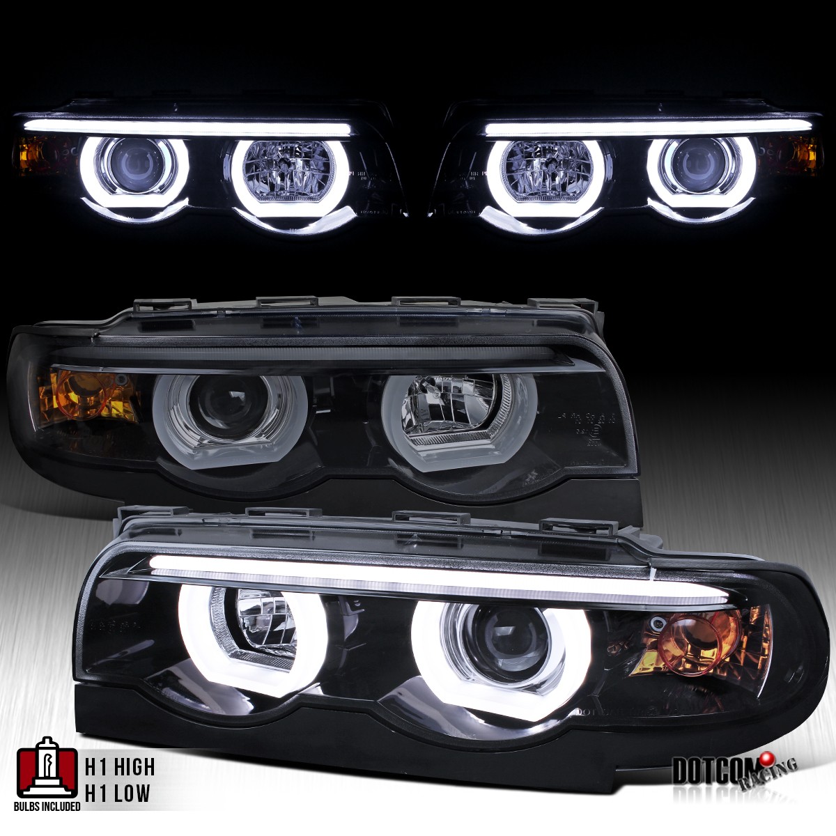 Fit 1995-2001 BMW E38 7-Series 740i 750i LED Halo Bar Projector Headlights Smoke Fit 1995-2001 BMW E38 7-Series 740i 750i LED Halo Bar Projector Headlights Smoke