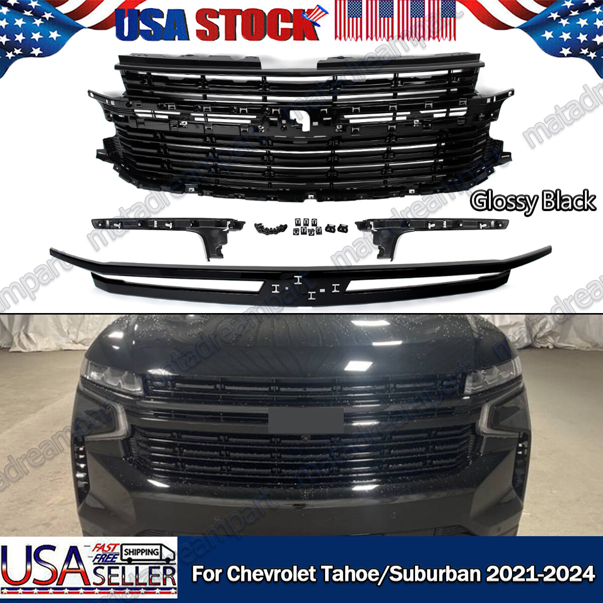 FIT 2021-2024 CHEVY TAHOE/SUBURBAN FRONT UPPER GRILLE BUMPER GRILL GLOSS BLACK