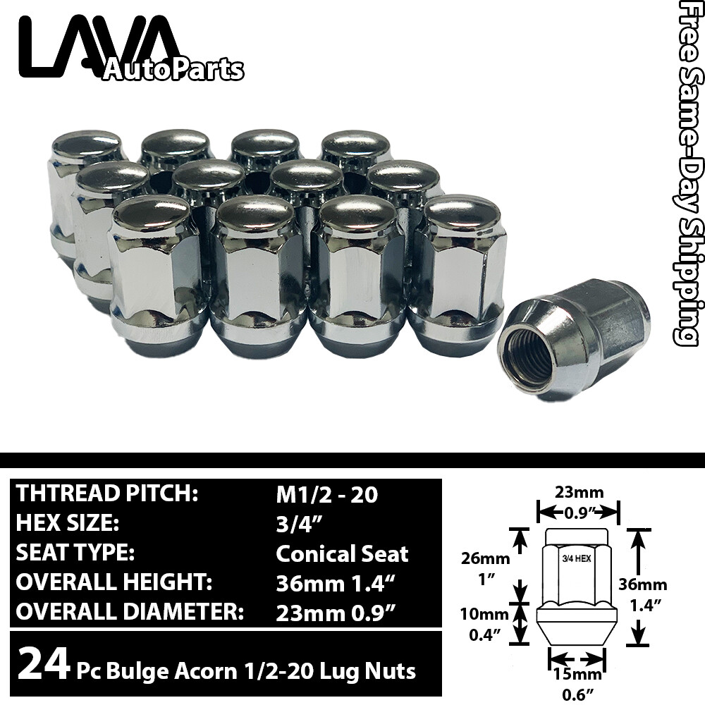 24PC 1/2-20 CHROME BULGE ACORN LUG NUT CONE SEAT FIT JEEP DODGE JAGUAR AND MORE 