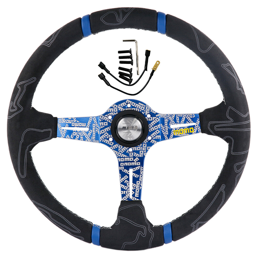 Blue momo ULTRA 350mm/14'' Deep Dish Suede Racing Car Sport Steering Wheel