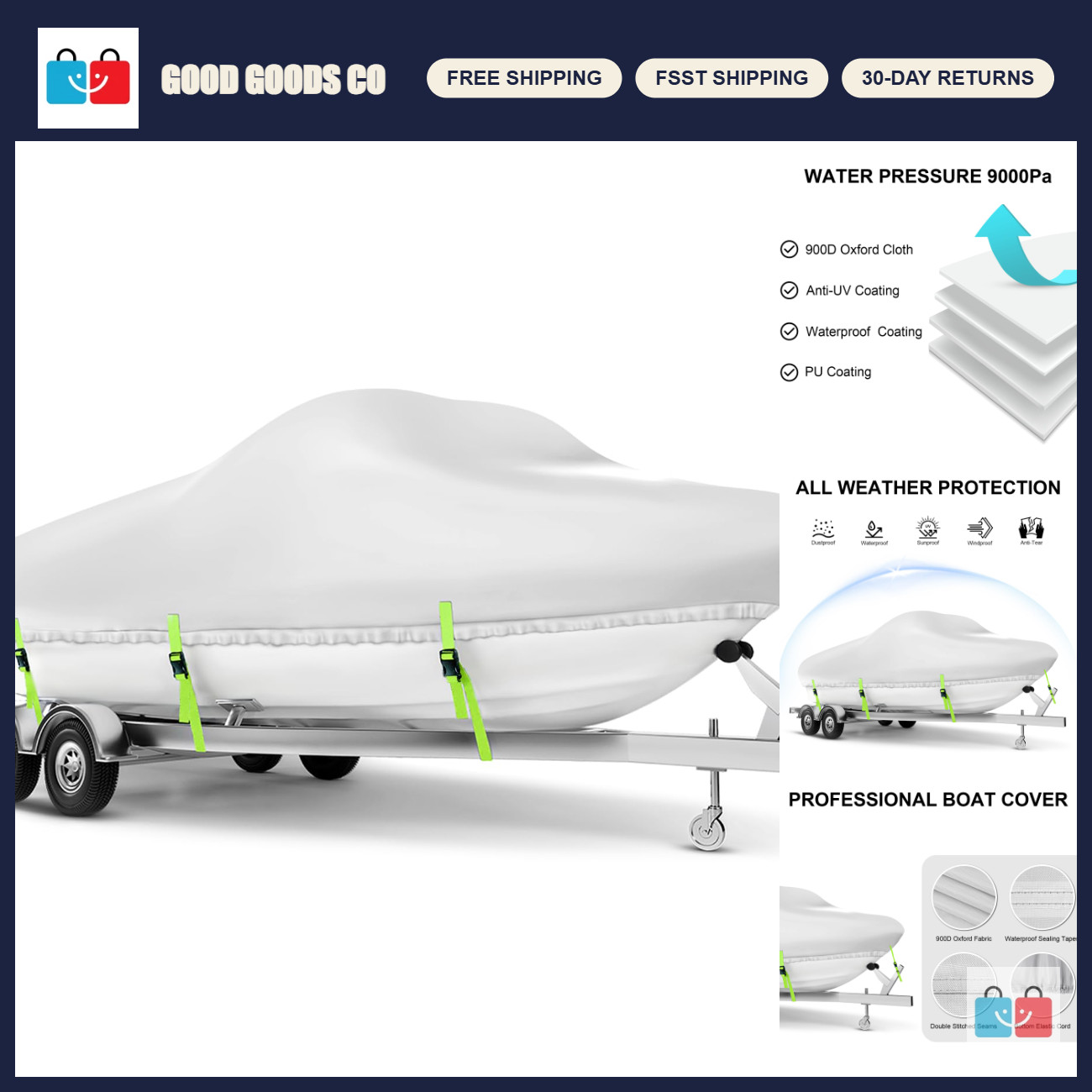 Heavy Duty Waterproof Boat Cover 22-24 ft, Durable 900D Marine Protection