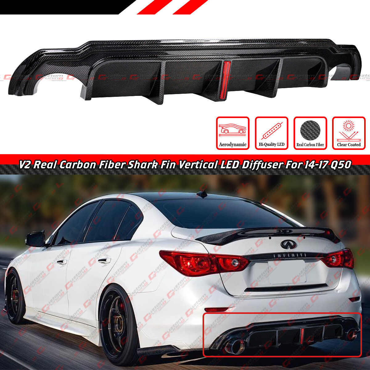 FOR 2014-17 INFINITI Q50 JDM V2 LED STYLE REAL CARBON FIBER REAR BUMPER DIFFUSER FOR 2014-17 INFINITI Q50 JDM V2 LED STYLE REAL CARBON FIBER REAR BUMPER DIFFUSER
