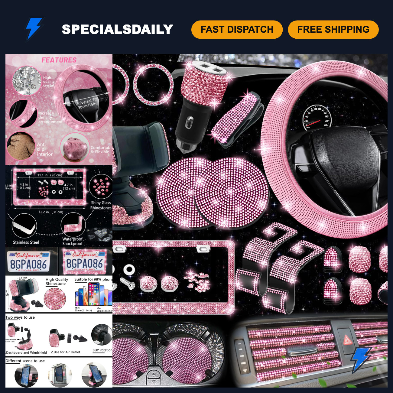 27-Piece Bling Car Accessories Set - Universal Steering Wheel Covers, Phone Hold