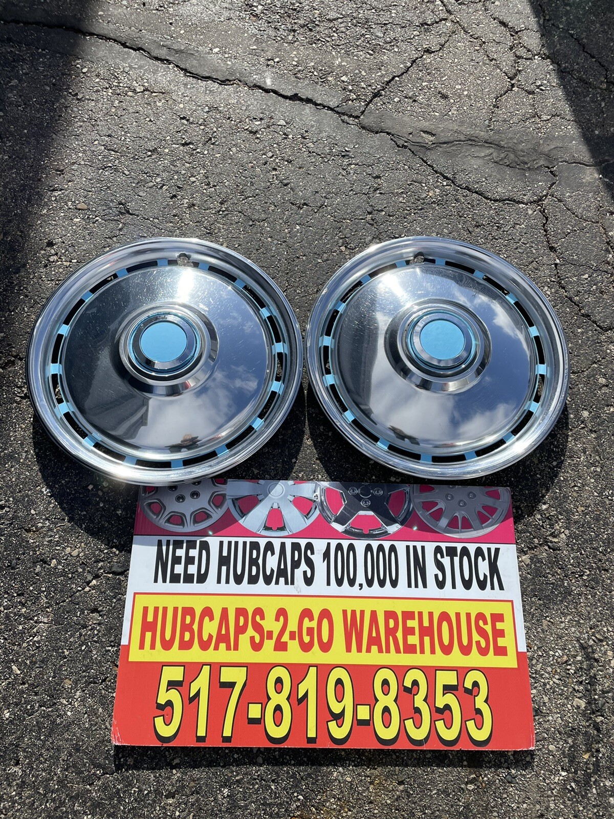 15” Airstream Hubcaps Stainless Moon 2 used with Lite Blue  Retro 1959-79 Rare