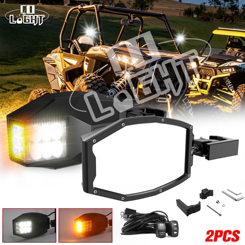 2PCS UTV Side View Mirrors w/White Spot Light&Amber Turn Signal Light For Can am