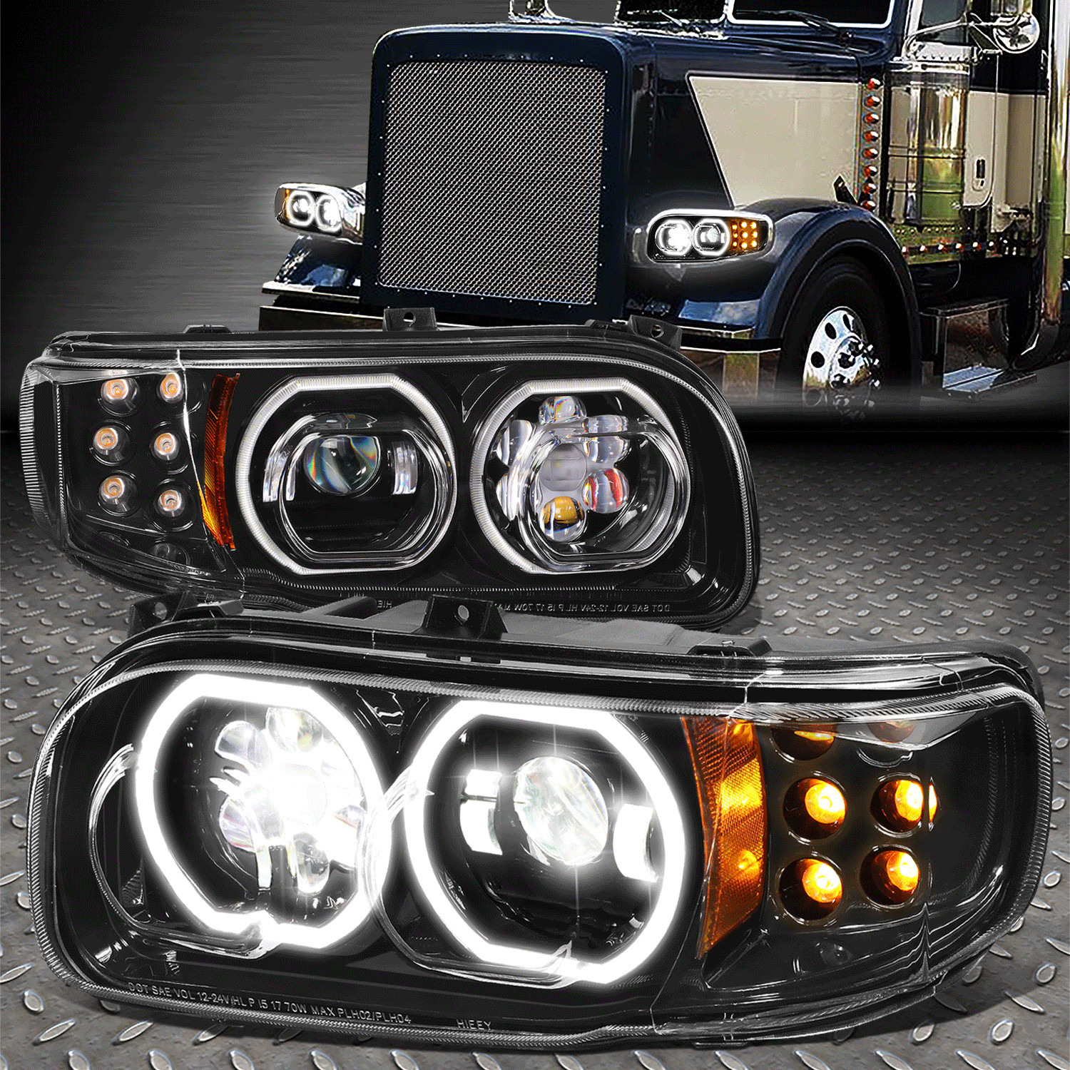 [FULL LED] For 08-22 Peterbilt 388 389 567 Halo DRL Projector Headlights Black