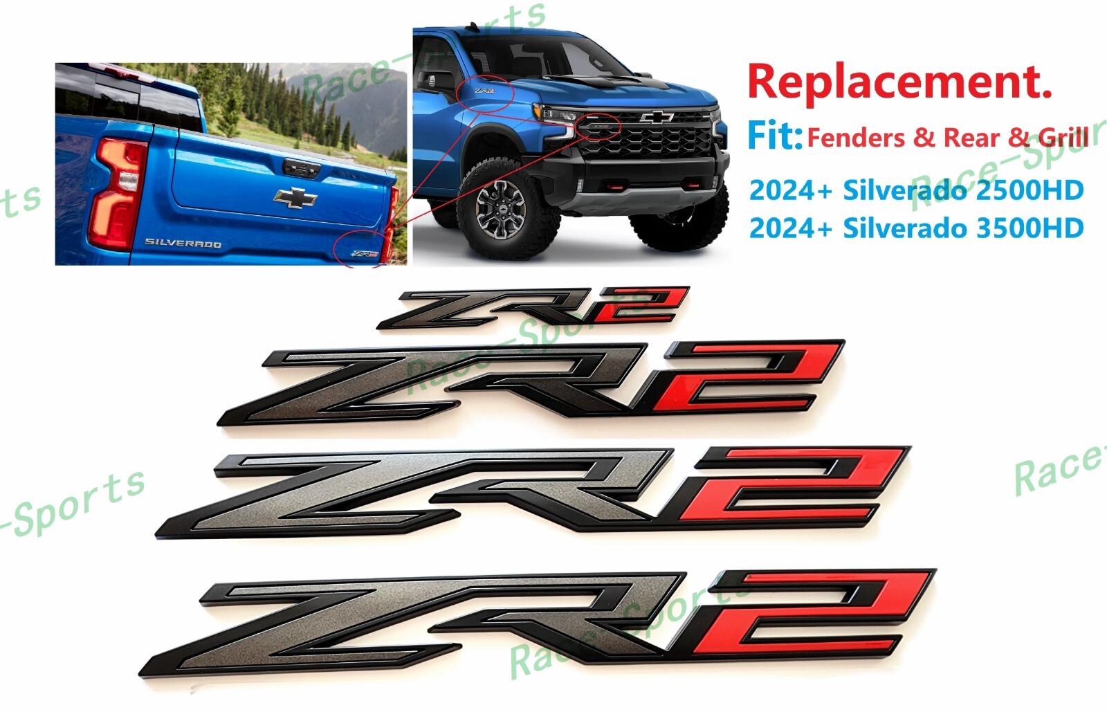 Matte Black Grey Red Fender Rear Grill ZR2 Emblems Silverado 2024+ 2500HD 3500HD