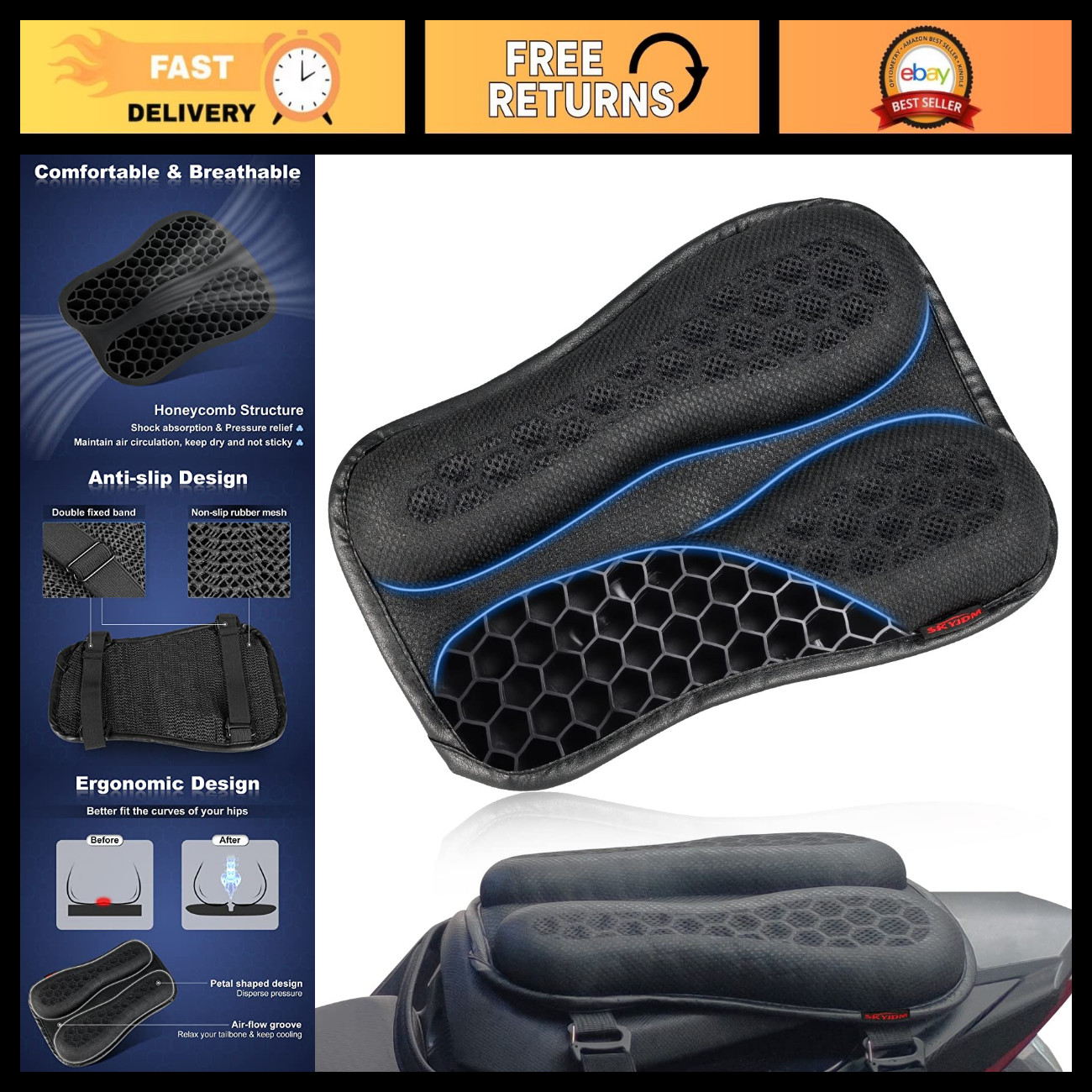 Shock Absorbing Motorcycle Passenger Seat Cushion - Comfortable & Compact Design