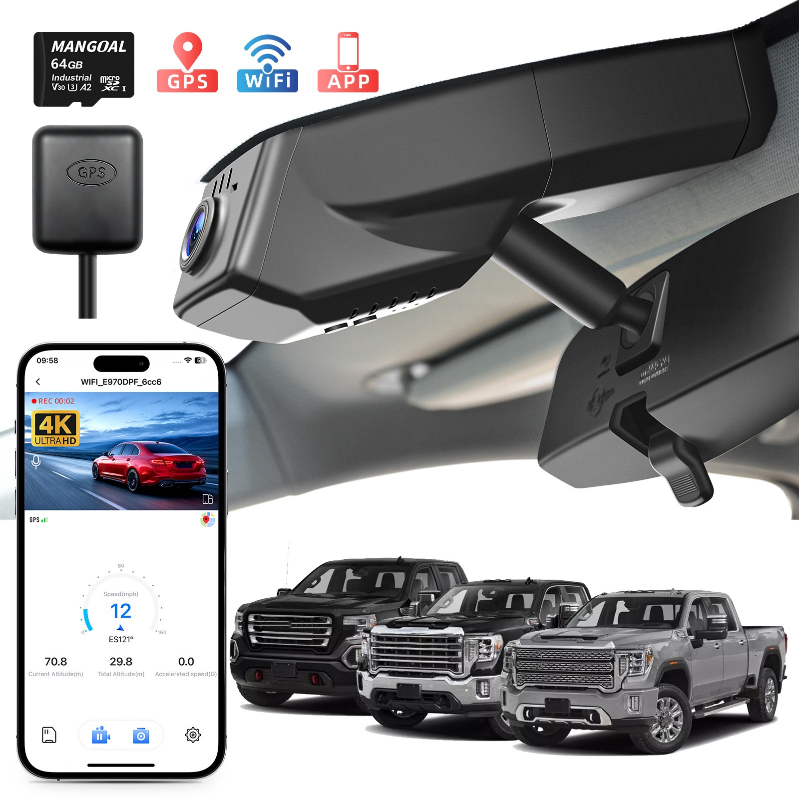 Mangoal 4K Dash Cam Custom for GMC Sierra 1500 2019-2021, 1500 Limited 2022 GPS