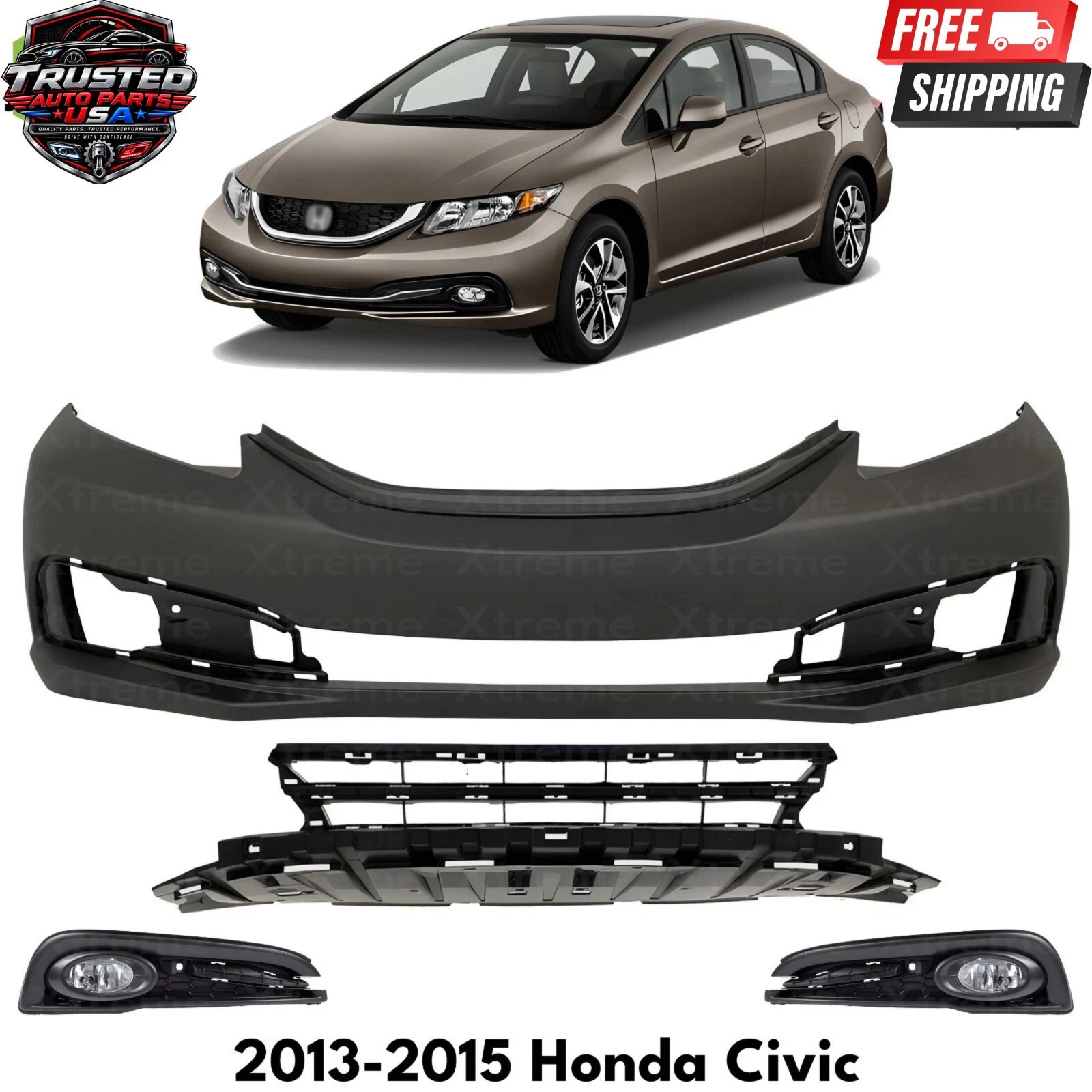 Front Bumper Cover Paintable Plastic & Fog Lights Kit For 2013-2015 Honda Civic