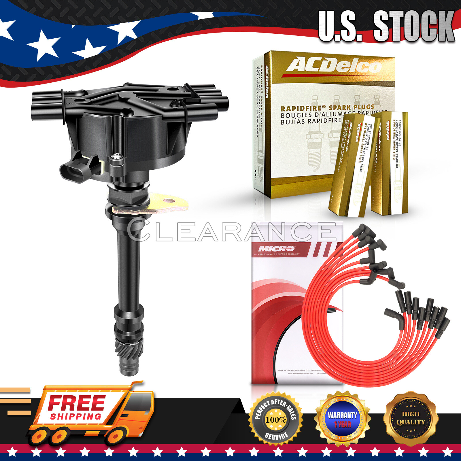 GM02 Distributor & ACDelco Spark Plug & Wires for 96-05 Chevy GMC Pickup 4.3L