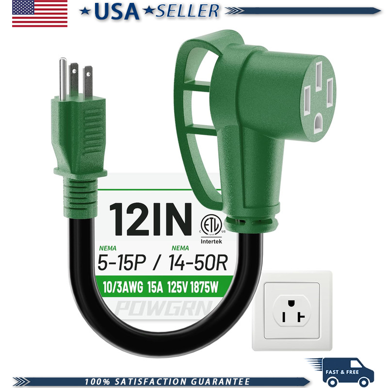 RV 50 Amp to 110 Adapter Cord, 12 inch Green, STW 10AWG 15A 125V, NEMA 5-15Pack RV 50 Amp to 110 Adapter Cord, 12 inch Green, STW 10AWG 15A 125V, NEMA 5-15Pack