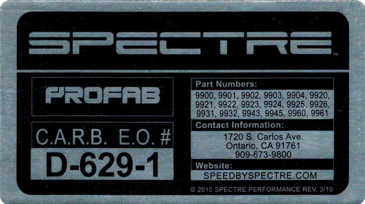 Cold Air Intake CARB Sticker Decal E.O # D-629-1 for Spectre Performance Intakes