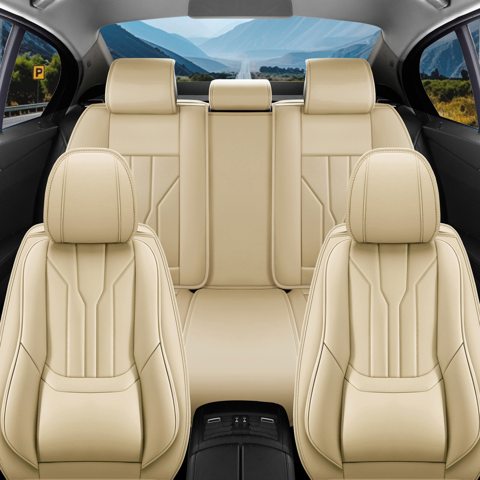 Nappa Leather 5 Seat Car Seat Covers Full Set Protector with Lumbar Support