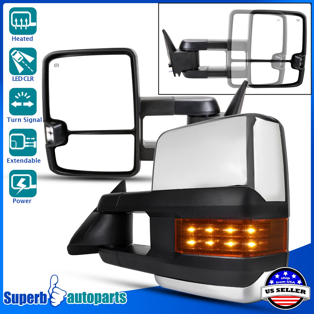 Fits 88-98 Chevy GMC C10 C/K Power Heated LED Signal Towing Side Mirrors Pair Fits 88-98 Chevy GMC C10 C/K Power Heated LED Signal Towing Side Mirrors Pair