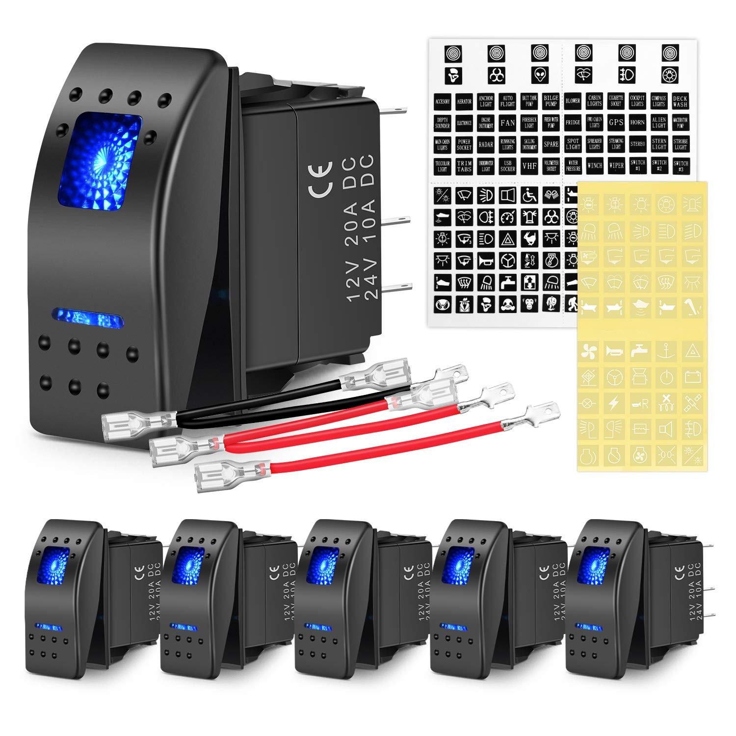 Nilight 6PCS 5PIN SPST Rocker 5 inches x 2 x 1 inches, Blue 6 PCS Nilight 6PCS 5PIN SPST Rocker 5 inches x 2 x 1 inches, Blue 6 PCS