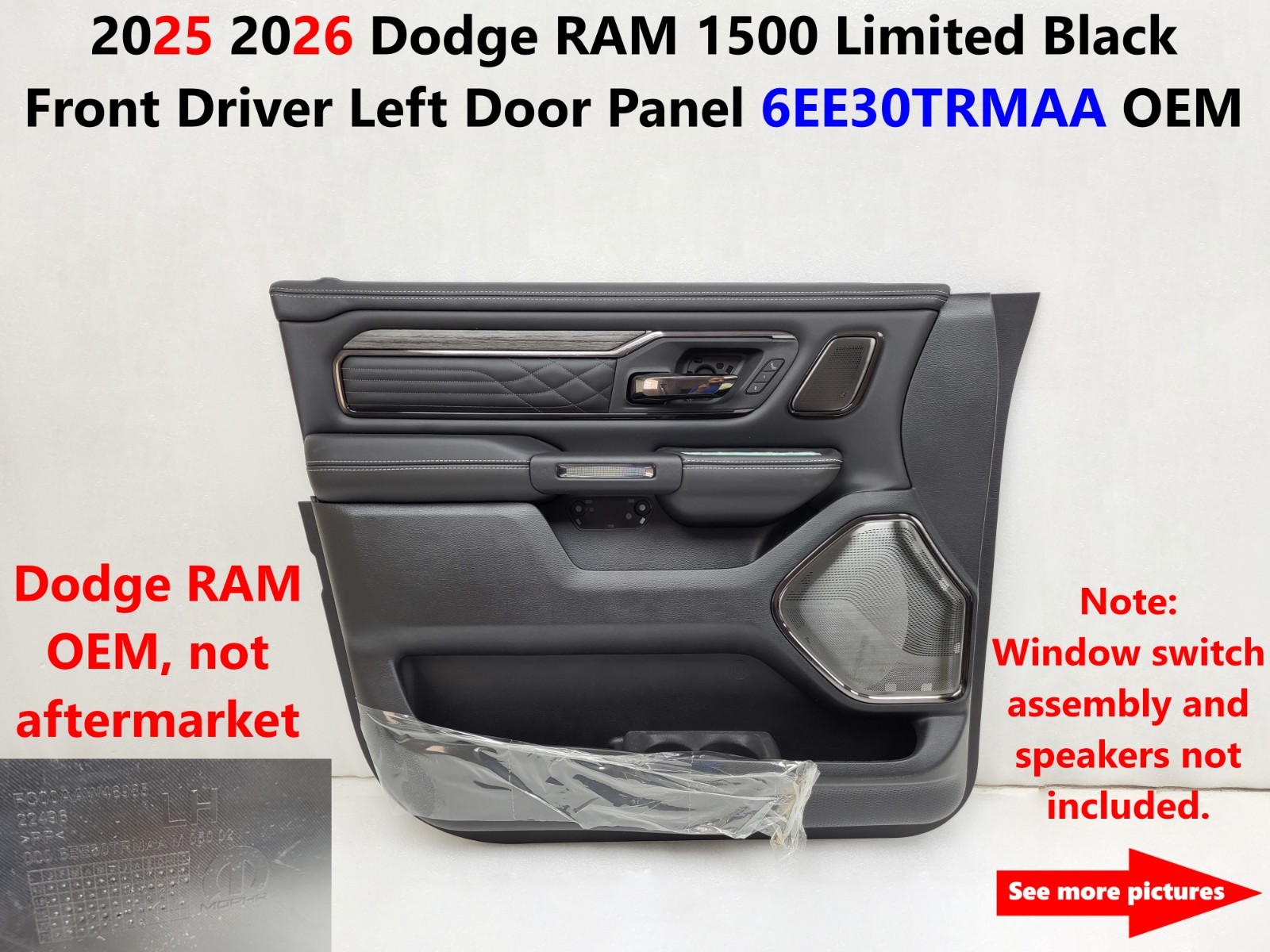 2025 2026 Dodge RAM 1500 Limited Black Front Driver Left Door Panel 6EE30TRMAA
