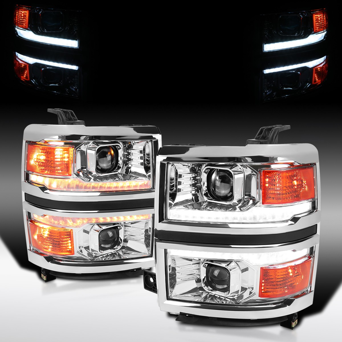Fit 2014-2015 Chevy Silverado 1500 Sequential LED Signal Projector Headlights Fit 2014-2015 Chevy Silverado 1500 Sequential LED Signal Projector Headlights