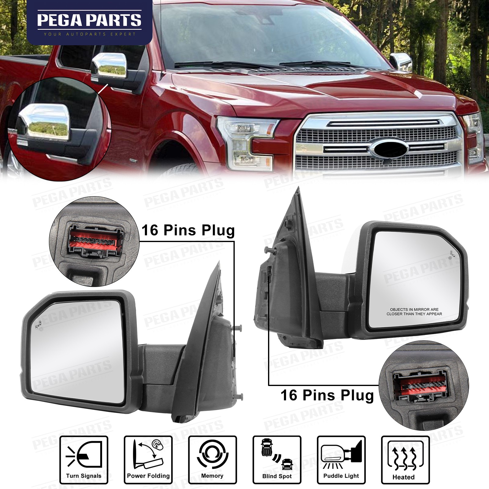 Pair Mirror Chrome For 2015-2018 Ford F-150 F150 w/Blind Spot Memory Power Fold